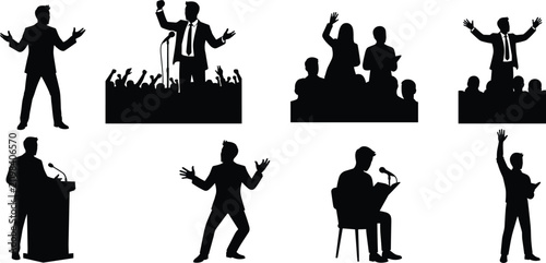Public Speaking Silhouette Collection Featuring Speakers Audience Podium and Leadership Vector Set