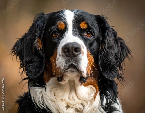 Bernese mountain dog portrait close up outdoor scenic