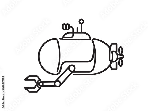Submarine with a robotic arm depicted in a continuous line art style isolated on a white background for marine research concepts.