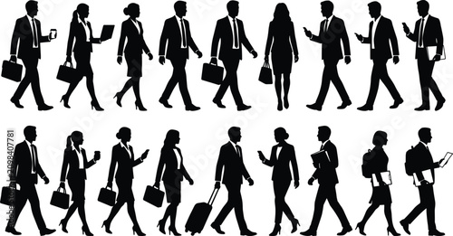 Walking business people silhouettes set vector for corporate professionals commuting holding briefcase laptop blueprints backpack and smartphone walking to office morning rush hour element