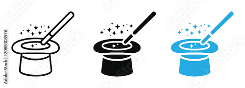 Фотография Magic hat icon set with sparkles and wands in black, White and blue on white background for design and illustration vector illustration