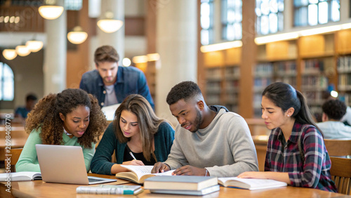 Diverse Students Studying Together in Library