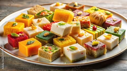 A colorful mix of traditional indian sweets including burfi arranged artfully on a pristine white plate