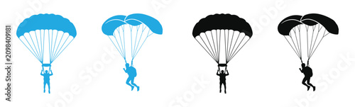 Tableau sur toile Parachute icons in blue and black, Skydiving silhouettes with parachutes vector illustration
