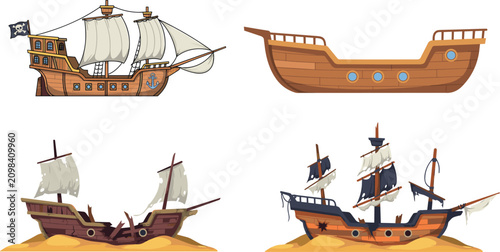 Cuadro en lienzo Nautical ship silhouette vector icons with geometric pirate galleon and shipwre
