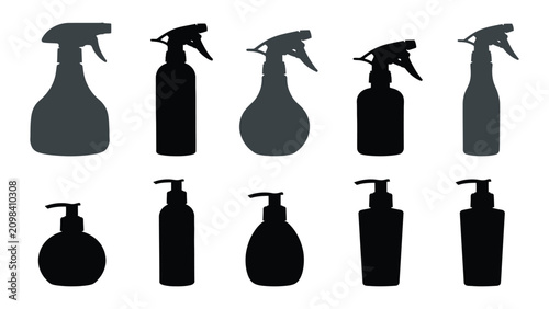 Obraz na płótnie Spray bottles and pump dispensers are arranged in a collection of ten distinct black silhouettes