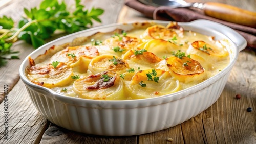 Scalloped potatoes in white dish baked gratin dauphinois rise like creamy golden waves in a crystal bowl