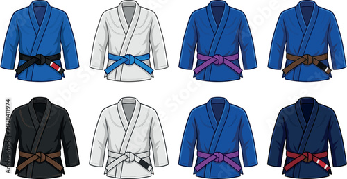 Bild auf Leinwand Martial arts gi vector set with colorful cartoon jiu jitsu uniforms and ranked b