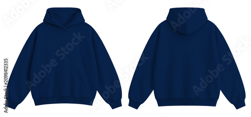Plain Navy Blue Oversized Blank Hoodie Mockup Front and Back View Isolated on Transparent Background