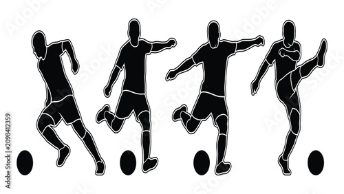 Fotografía Soccer players in various kicking motions are depicted as black silhouettes to illustrate athletic movement and sports training concepts