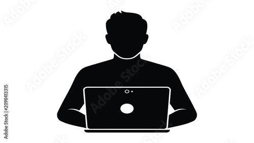 Businessman working on a laptop is shown as a flat black silhouette to represent modern office productivity and technology.