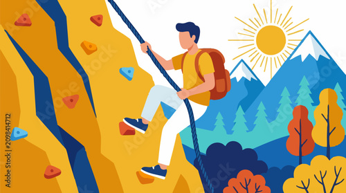 Photos Man rock climbing with rope in outdoor mountain landscape, flat illustration