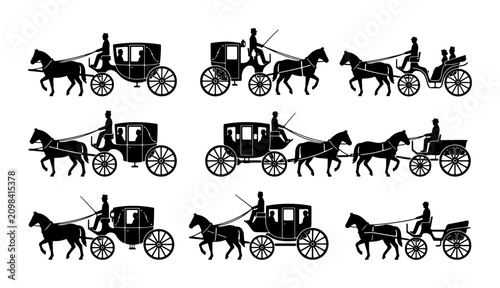 Принти на полотні Horse-drawn Carriage Silhouettes, Vintage Coach Icons, Elegant Transport Vector