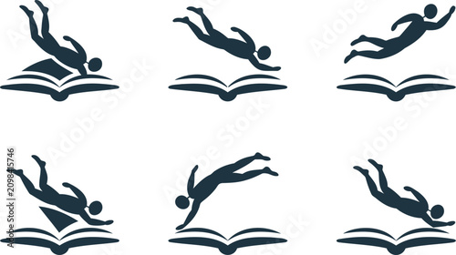 Cuadro en lienzo Silhouette of people diving into open books in various positions  learning conce