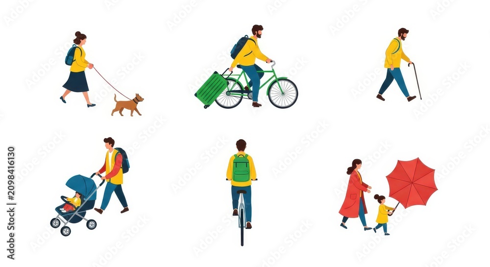 Fototapeta premium Set of Flat Vector Illustrations of People Walking, Cycling, and Commuting in the City Environment