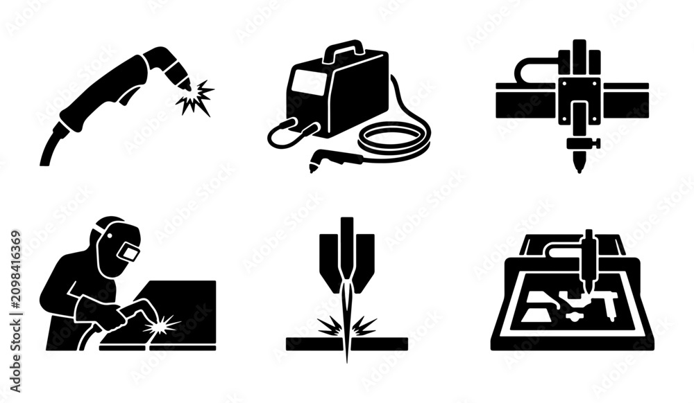 Fototapeta premium Welding and Cutting Tools Icons: Plasma Cutter, Welder, CNC Machine, Industrial Equipment