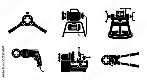 Bild auf Leinwand Plumbing Tools Vector Icons Set: Pipe Threader, Cutter, and Machine Illustration