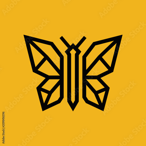 Geometric butterfly line art logo on yellow background.
