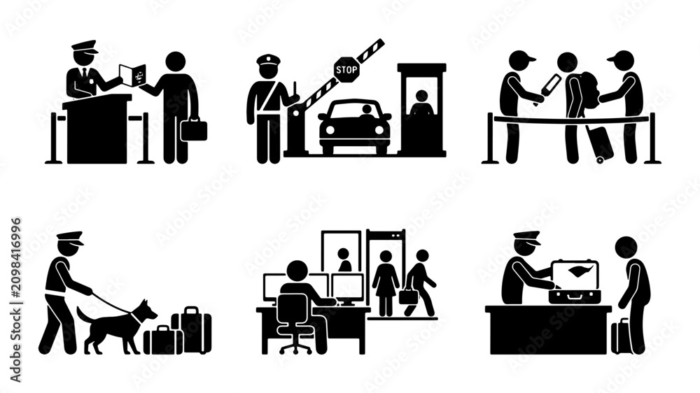 Fototapeta premium Border Control Icons: Security Checkpoints, Customs Officers, Passport Control, Dog Patrol