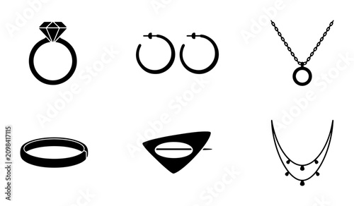 Konstfotografi Elegant Jewelry Icons Set: Diamond Ring, Hoop Earrings, Pendant Necklace, Bracel