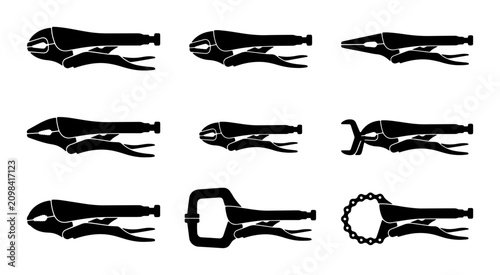Bild auf Leinwand Locking Pliers Set, Vise Grips Collection, Adjustable Clamps Vector Icons, Indus