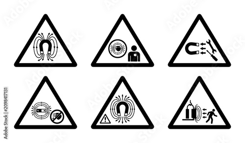 Quadro su tela Magnetic Field Warning Signs, 6 Vector Icons Set, Industrial Safety Alerts