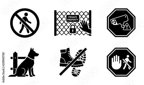 Foto Security Icons Set: Private Property, No Trespassing, Guard Dog, Surveillance, W