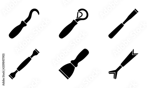 Obraz na plátně Set of 6 Black Silhouette Carving and Sculpting Tools, Crafting Implements, Wood