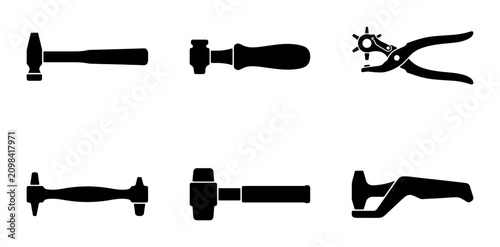Foto Leatherworking Tools Set, Crafting Hammers, Punch Pliers, Silhouette Icons for D