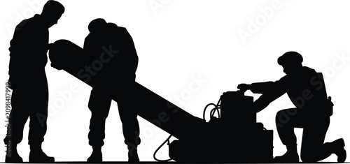 Фотография Military soldiers loading heavy artillery silhouette vector, army troops operati
