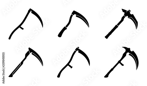 Obraz na płótnie Collection of Scythe and Axe Icons, Grim Reaper Tools, Medieval Weapon Silhouett