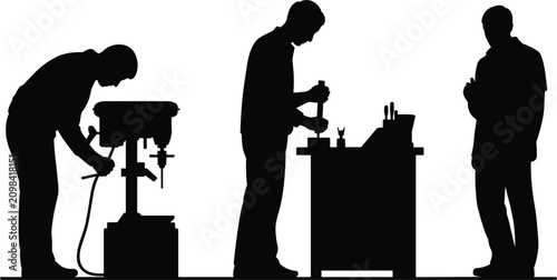 Bild auf Leinwand Carpenters working in workshop silhouette vector, craftsmen using tools and dril
