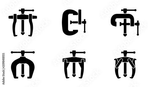 Tableau sur toile Set of 6 Black Mechanical Tools Icons: Gear Pullers, C-Clamps, and Vise Grips fo