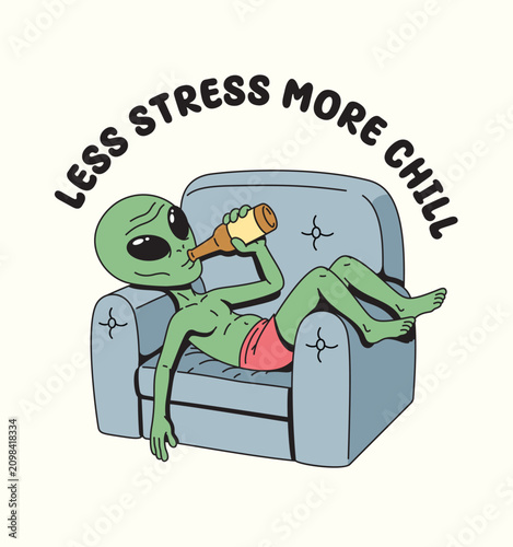 alien drinking beer on the couch illustration