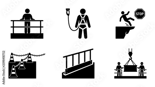 Safety Icons Set: Fall Protection, Harness, Warning Signs, Construction, Workplace Safety