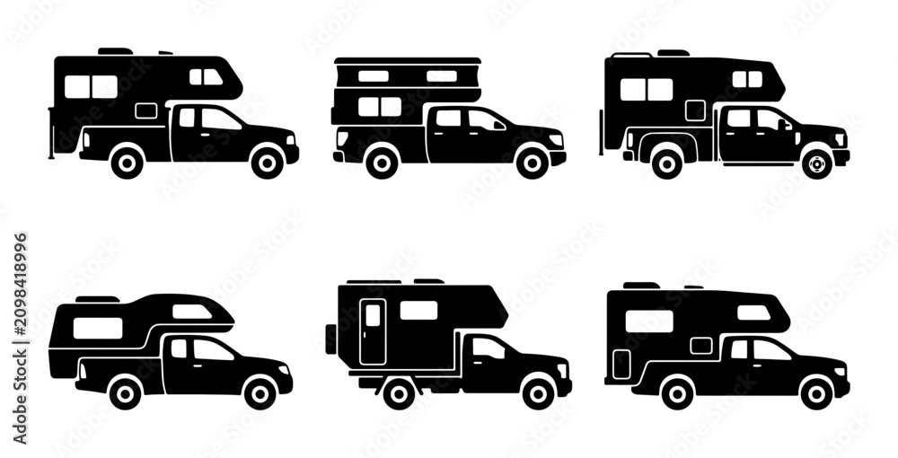 Obraz premium Pickup Truck Camper Icons, RV Travel Vehicle Silhouettes, Camping Van Set
