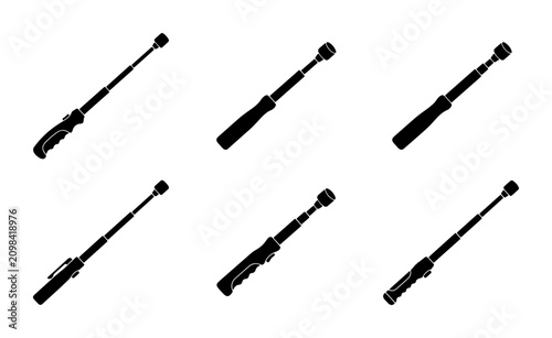 Fotografie Collapsible Baton Icons, Expandable Stick Silhouettes, Security Equipment Vector
