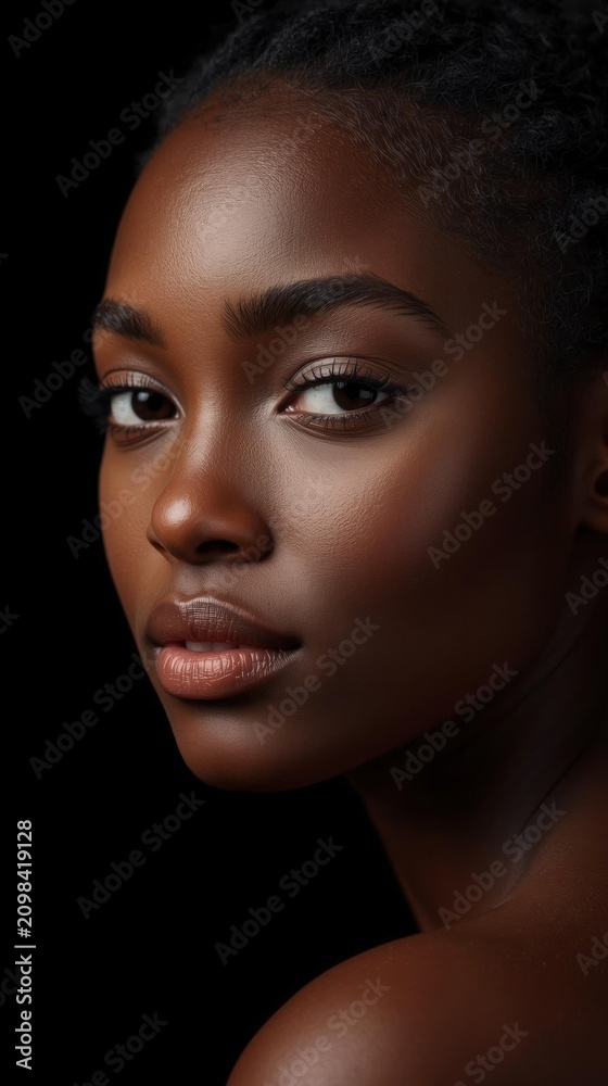 Fototapeta premium A close-up portrait of a dark-skinned woman with smooth skin, expressive eyes, and natural makeup against a black background.