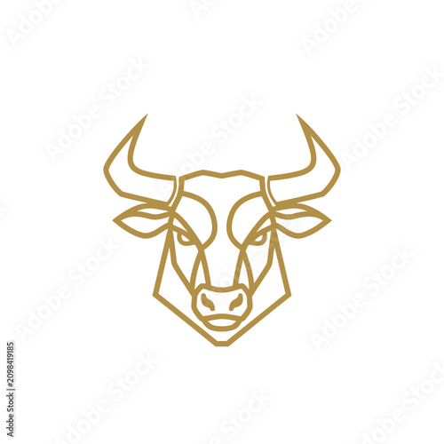 Geometric gold line art bull head mascot logo.