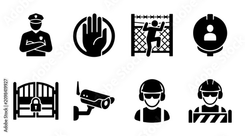 Foto Security Icons: Guard, Stop Hand, Intruder, Worker, Gate, Camera, Personnel, Bar