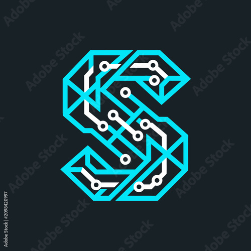 Geometric letter S logo with circuit board patterns.