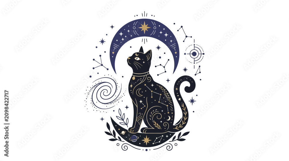 Fototapeta premium Mystic Cat Celestial Crescent Moon Zodiac
