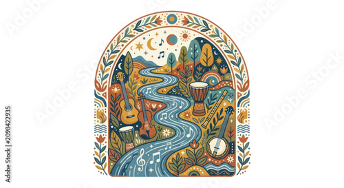 Cuadro en lienzo Whimsical River of Music Flowing Through Nature with Instruments