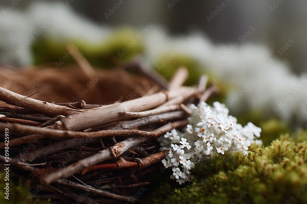 Fototapeta premium Close-up of a small bird's nest made of twigs with white flowers and green moss in a natural outdoor environment