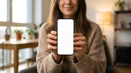 Woman holding smartphone with blank screen mockup at home
