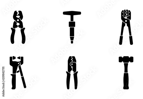 Bild auf Leinwand Set of 6 Black Metal Hand Tool Icons: Pliers, Hammer, Crimper, Punch Tool, Vecto