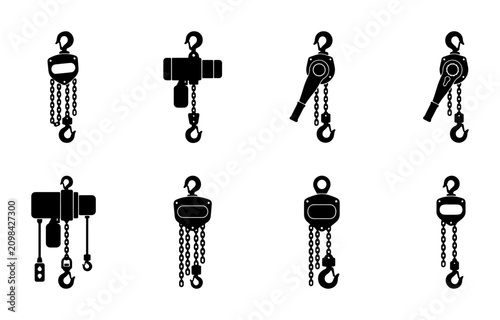 Konstfotografi Industrial Chain Hoist Icons, Manual Lifting Equipment Set, Heavy Duty Pulley Sy
