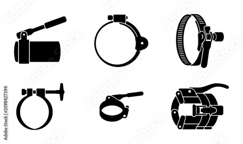 Tableau sur toile Hose Clamps Set, Metal Fasteners, Plumbing Hardware, Industrial Equipment Icons