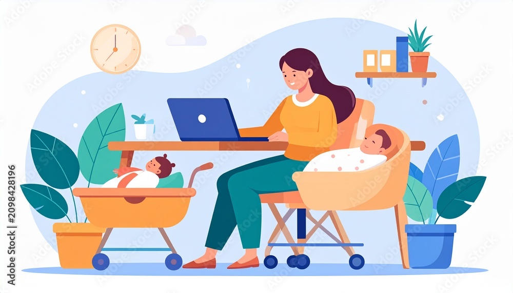 Fototapeta premium Mother working on laptop illustration. Freelance mom multitasking with baby at home.