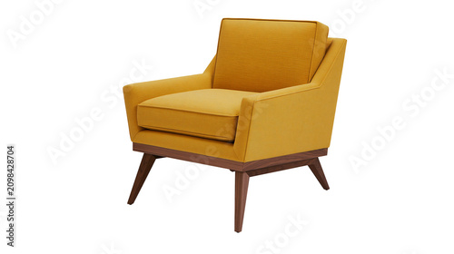 Quadro su tela Modern mustard yellow armchair with wooden frame, isolated on transparent backgr